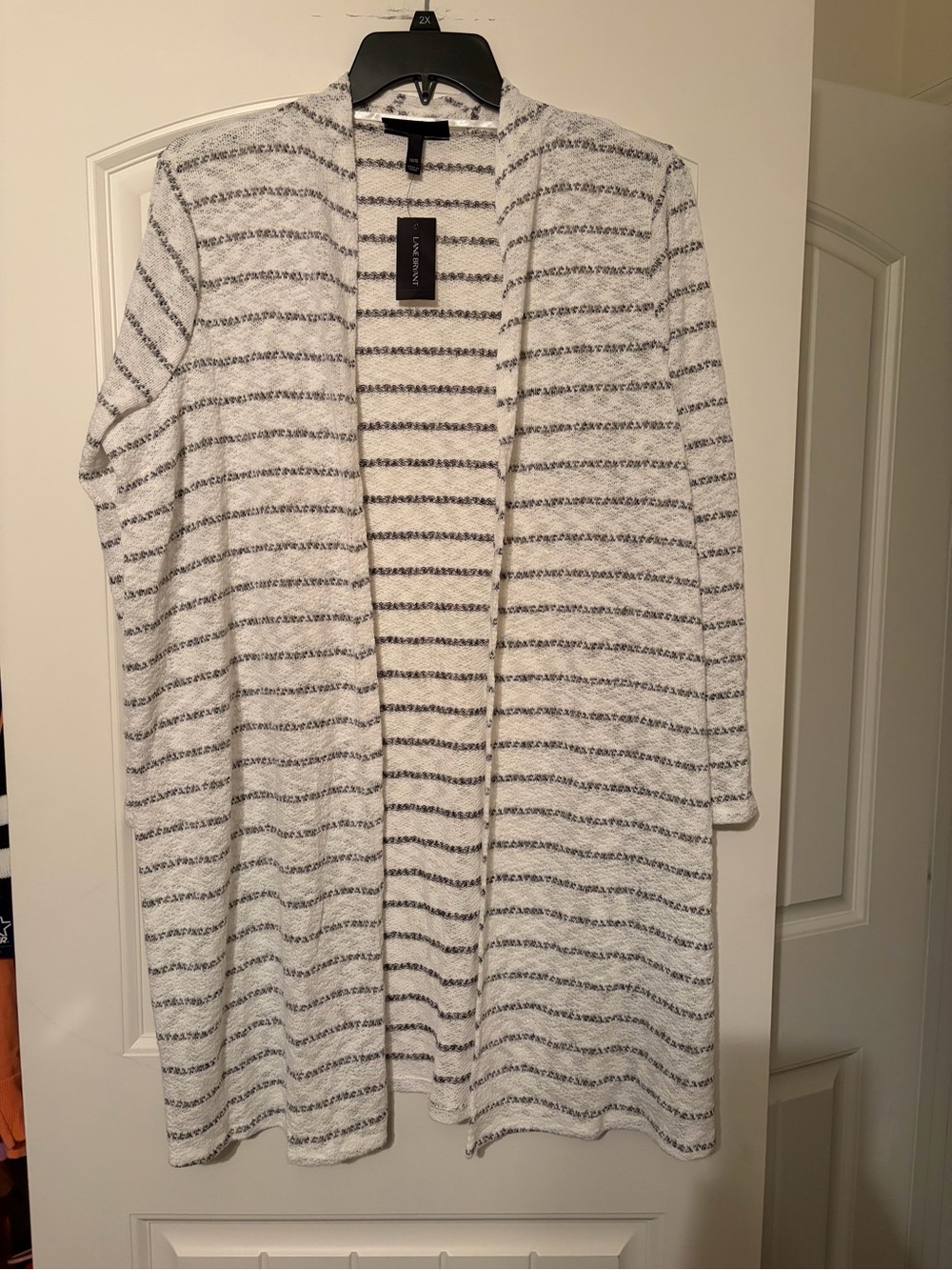 Lane Bryant Ivory and Gray Striped Open-Front Cardigan